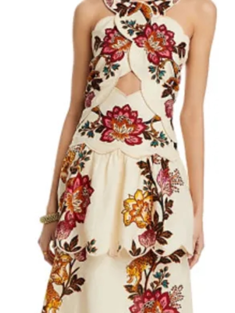 FARM Rio Cream Midi Dress with Pink & Gold Floral Embroidery